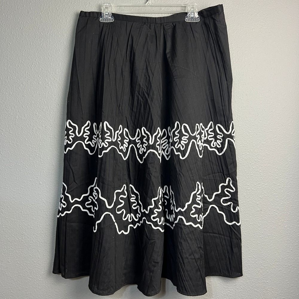 Napa Valley Black Midi Skirt Sz 16 White Embroidered Embellished A-Line Pleated